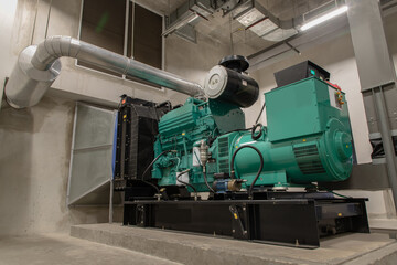 Generator Room Emergency power supply. Powered by Diesel power. Selective focus. - obrazy, fototapety, plakaty
