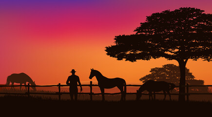 cowboy and horse herd behind wooden fence - grazing animals and rancher at sunset field with trees vector silhouette landscape