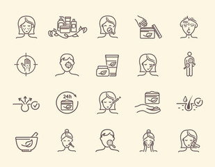 Set of dermatology related outline icons. Includes such Icons as cream, face care, lifting, skin, cosmetology and others. Black and white isolated vector illustrations