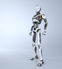 Robot android posing on a light gray background.