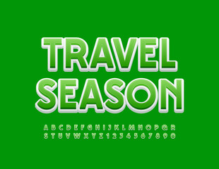Vector bright sign Travel Season. Green and White Alphabet Letters and Numbers. Modern style Font