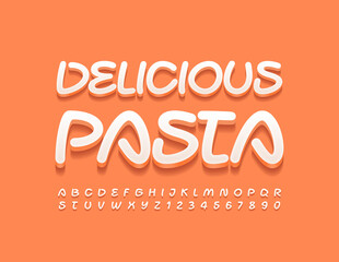 Vector tasty sign Delicious Pasta. Creative white Font. Set of Artistic Alphabet Letters and Numbers set