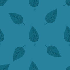 Simple minimalistic seamless pattern with doodle leaf ornament. Blue palette botanic artwork.