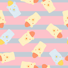 Seamless random pattern with doodle bear in hats print. Blue and pink striped background.