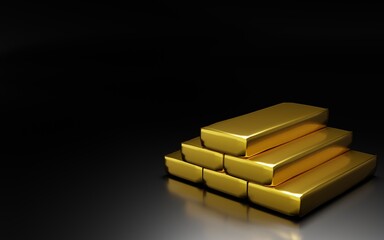 Gold bar stacking on black background,3D rendering