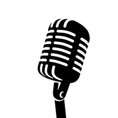 Black Retro vintage microphone on white background logo. Mic silhouette sign. Music, voice, record icon. Recording studio symbol. Flat stye vector illustration - obrazy, fototapety, plakaty