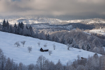 Fototapeta na wymiar Winter frosty landscape of the beautiful Transylvanian village, Bran, with fresh snow, at the foot of the Carpathian Mountains