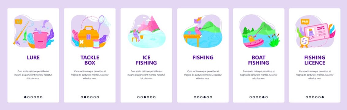 Summer and winter fishing tackle. Fishing rod, boat, lure. Mobile app onboarding screens, vector website banner template