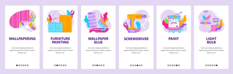 Furniture painting and wallpapering tools. Home repairs. Mobile app onboarding screens, vector website banner template.