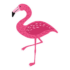 Naklejka premium Flamingo standing on one leg isolated on white background. Cute bird pink color with long neck and legs. Exotic animal from Africa. In doodle style