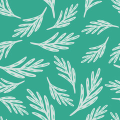 Fototapeta premium Random seamless pattern with white simple leaf twigs ornament. Turquoise bright background.