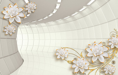 3d mural illustration background with golden jewelry and flowers ,  decorative wallpaper