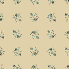 Minimlistic pastel tones seamless pattern with green skull and bones shapes. Pale pink background.