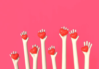 Hands with hearts, world heart day, organ donor, world mental health. Raised hands volunteering 3D concept.