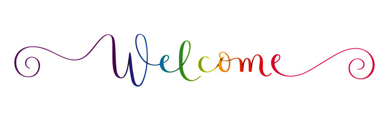 Fototapeta na wymiar WELCOME vector rainbow-colored brush calligraphy banner with spiral swashes