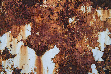 Rusty metal texture with several layers of old paint. Remains of paint are white.