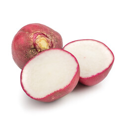 Fresh radish or Radish slices (Raphanus raphanistrum subsp. sativus) isolated on white background