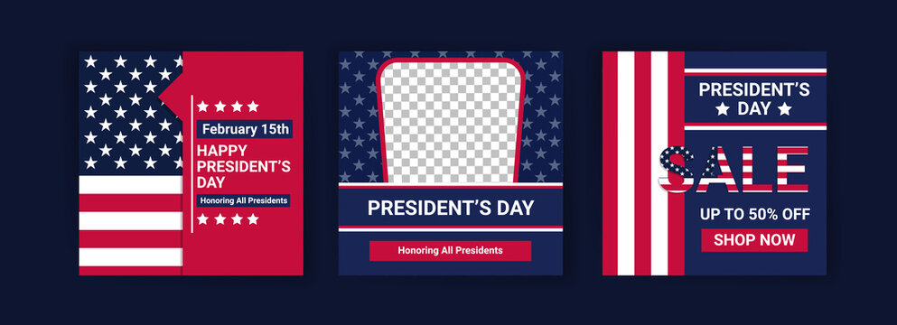 US President's Day greeting card displayed with the national flag of the United States of America. Social media templates for US president's day.