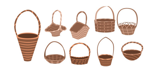 Set Wicker basket flat style. Containers are made by hand for flowers, Easter, mushrooms, fruits. Vector illustration on a white isolated background.