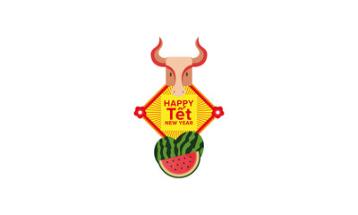Happy Vietnamese new year with watermelon fruit and holy cow head vector graphic art