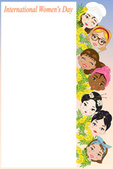 Many faces of women of various ethnic groups and works to represent the 8th of March international women's day event