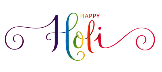 Obraz premium HAPPY HOLI rainbow-colored vector brush calligraphy banner with spiral swashes