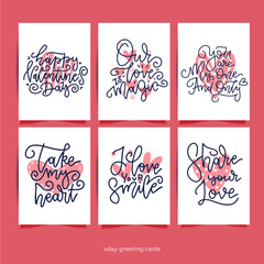 Happy Valentine's day greeting texts collection. Set of Valentines romantic greeting card, invitation, poster design templates. Hand drawn vector illustration.