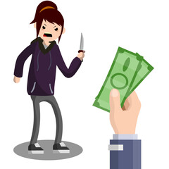 Cartoon flat illustration - girl in a hoodie with a knife extorting money. hand with green notes. aggressive girl. street threat. security problem. financial thief.