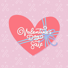 Valentine's day sale banner design template with big heart with bow and hand lettering calligraphy text. Vector logo and Illustration for sale tag or label. Flat vector banner. EPS 10