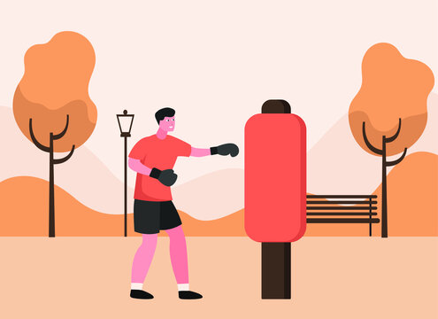 Male Teen Exercise Boxing 2D Flat Vector Concept For Banner, Website, Illustration, Landing Page, Flyer, Etc