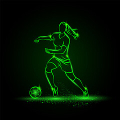 Fototapeta na wymiar Women soccer player dribbling with ball. Vector Football sport green neon illustration.
