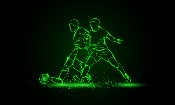 Two soccer players fighting for a ball. Green neon silhouette of a striker and defender on black background.