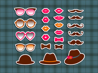 Set of hipster sunglasses, lips, tie bows, moustaches and hats. Ladies and gentlemen fashion style. Cute flat collection of retro stickers on seamless pattern. Vector icons isolated