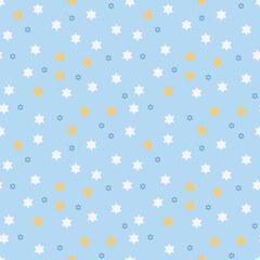 Seamless holiday pattern with Jewish symbols on a light blue background. Minimalist design with Star of David 