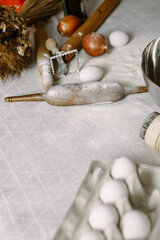 Cozy home kitchen with products for making dough. Cook at home