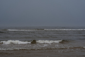 The seascape, the Gulf of Finland in the snowy haze of January morning, the cold wind raises small sea waves, above which the bottomless gray and gloomy sky froze.