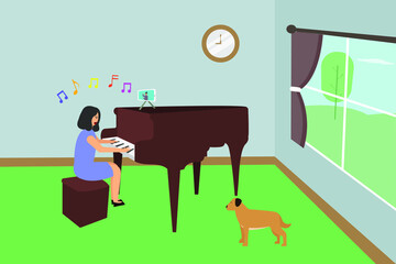 Hobby vector concept: Young woman playing piano while watching video conference on her smart phone 