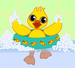  Cartoon yellow duck taking a bubble bath