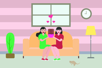 LGBT vector concept: Lesbian couple sitting together on the sofa while holding  chocolate 