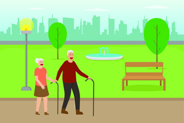 Togetherness vector concept: Senior couple walking together in the park while enjoying leisure time 