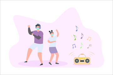 Fototapeta premium Happy teenager listening music on the radio while dancing and wearing face mask
