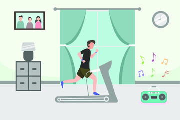 Hobby vector concept: Young man running in the treadmill at home while listening the music on the radio 
