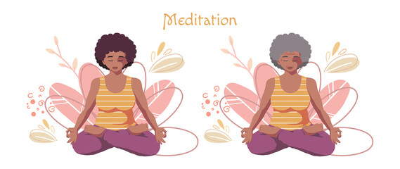 Black African young and old women doing yoga meditation in lotus position and smiling. Health care. Good habit. Background with abstract flowers. Isolated cartoon illustration