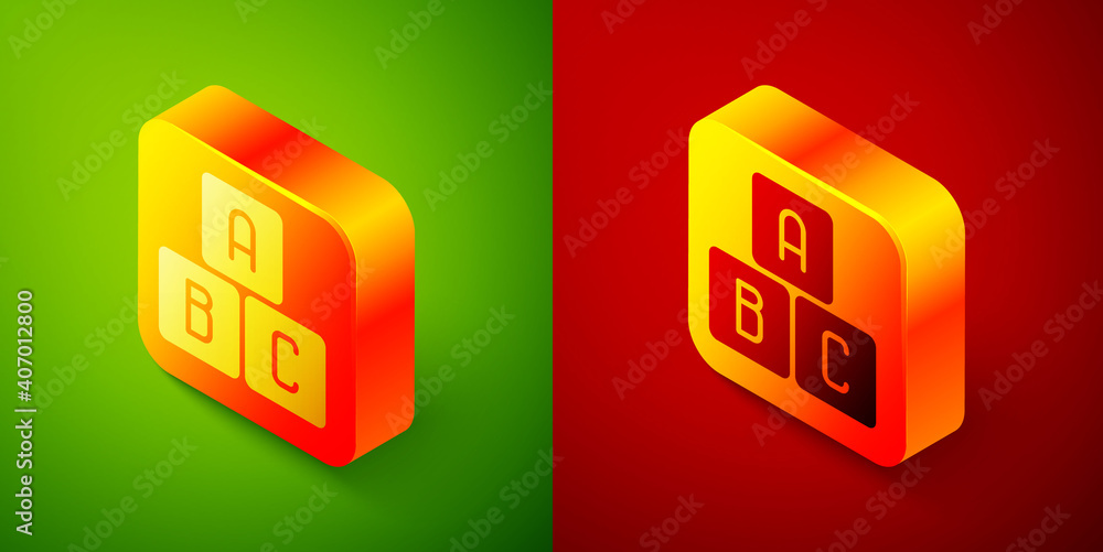 Poster isometric abc blocks icon isolated on green and red background. alphabet cubes with letters a,b,c. s