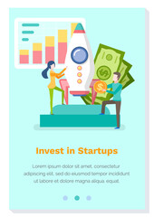 Investing in startups landing page template. Business website layout. Scientists create a rocket. Stock market trading, project management web banner. People work with technology to attract investors