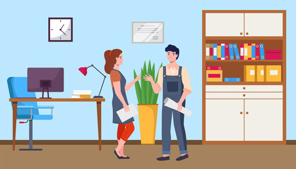 Man and woman colleagues chatting during work standing with paper sheets on office. People are talking together indoor in workspace. Positive communication of friends. Persons have a conversation