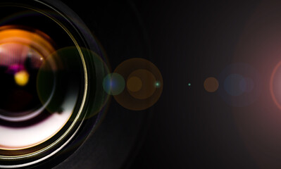 Camera lens with lense reflections.Camera lens detail, front glass of wide angle photography DSLR...