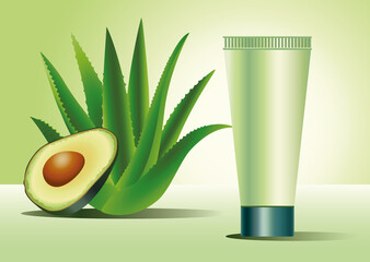 green skin care tube product with aloe plant and avocado