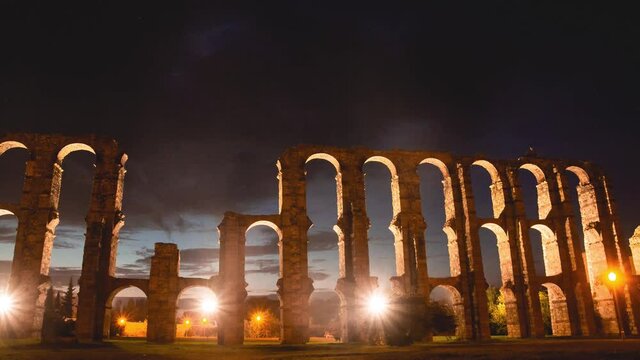 Roman aqueduct "Los Milagros" in Em&eacute;rita Augusta , M&eacute;rida,Badajoz, Extremadura. Timelapse reel at sunset .