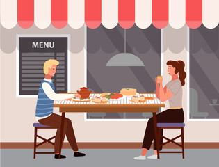 People are eating national russian food outdoors. Couple on a date on the background of a cafe. Characters taste traditional dishes flat vector illustration. Dining table with borscht and buns